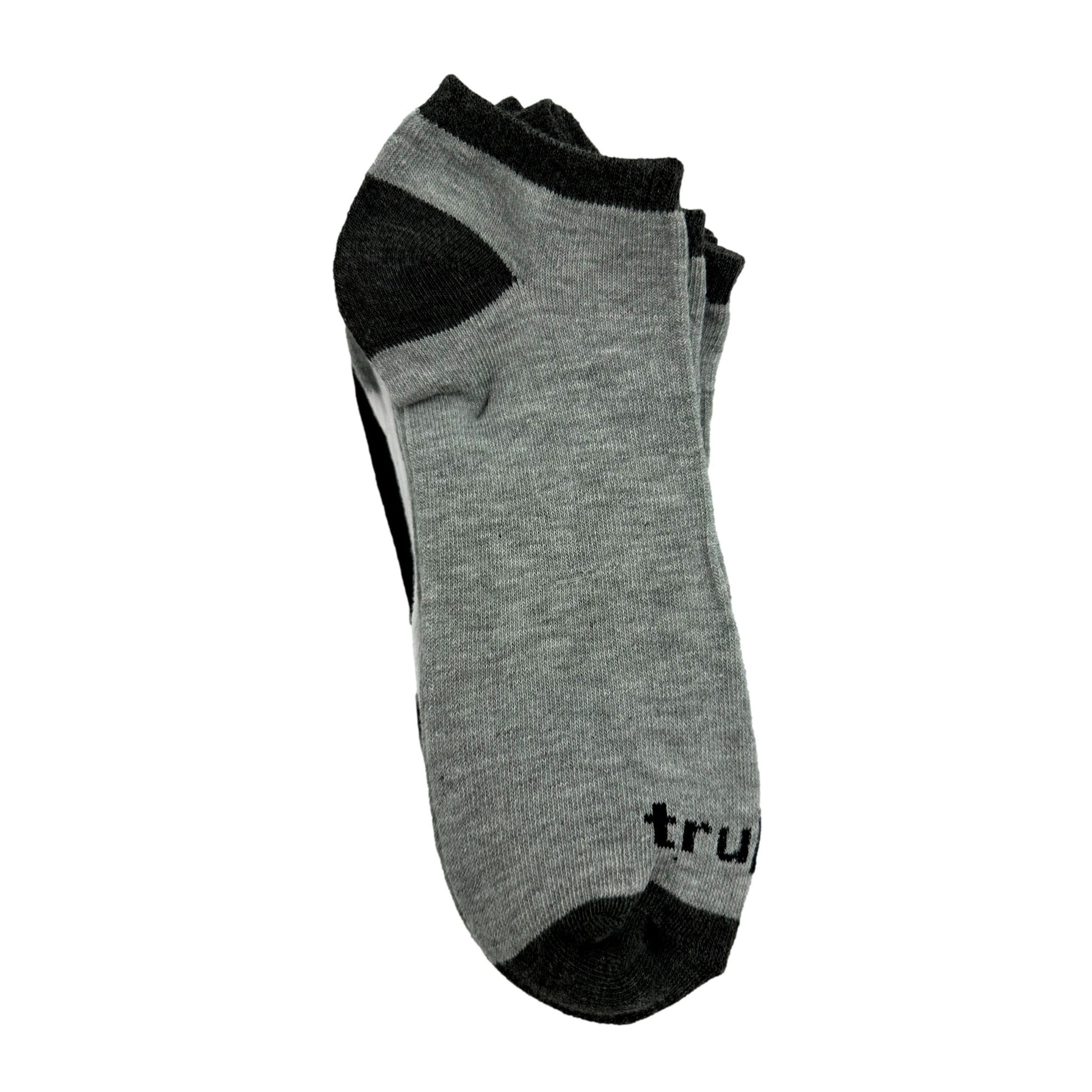 Grey no-show socks with black accents.