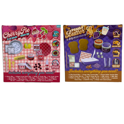 Two slime kit packages side by side, one for "Cherry Pie A La Mode" and the other for "Peanut Butter & Jelly Lunch Slime."