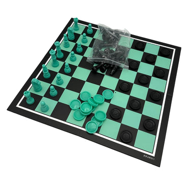 A black and green checker and chess board with checkers and chess pieces.