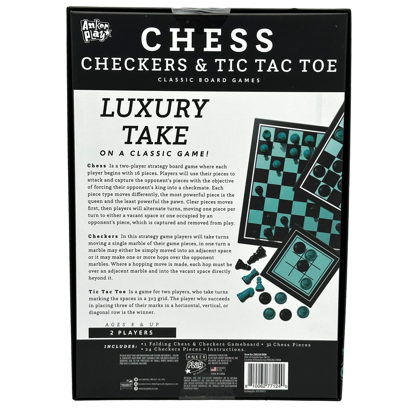 Boxed board game with chess, checkers, and tic-tac-toe.