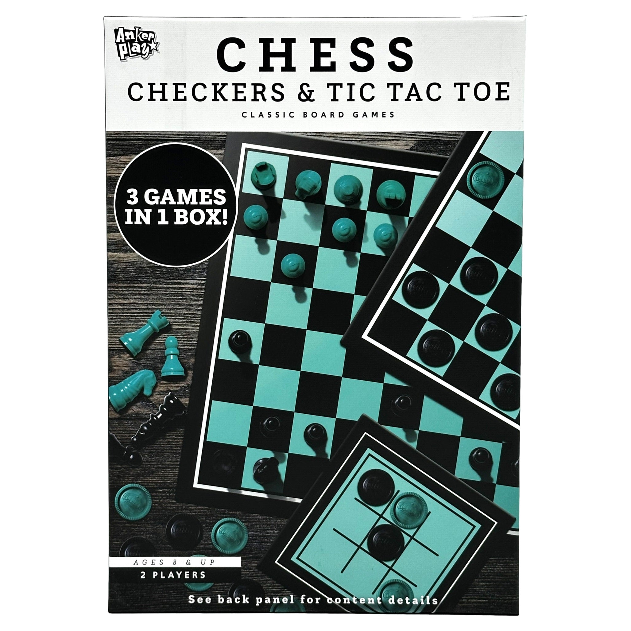 Box of chess, checkers, and tic-tac-toe classic board games.
