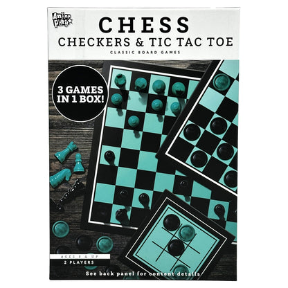 Box of chess, checkers, and tic-tac-toe classic board games.