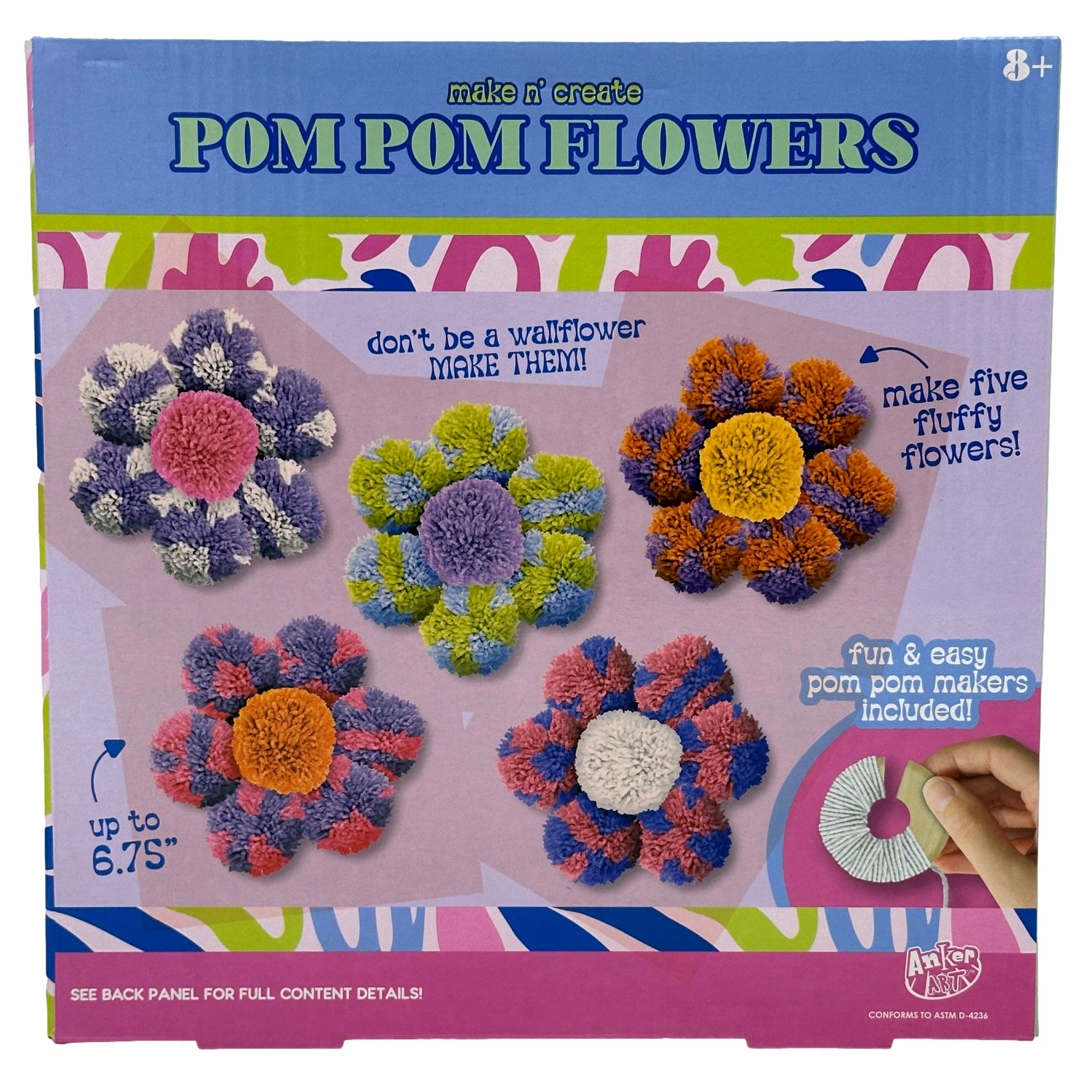 Box of Anker Art pom pom flower craft kit featuring images of colorful pom pom flowers on a blue background.