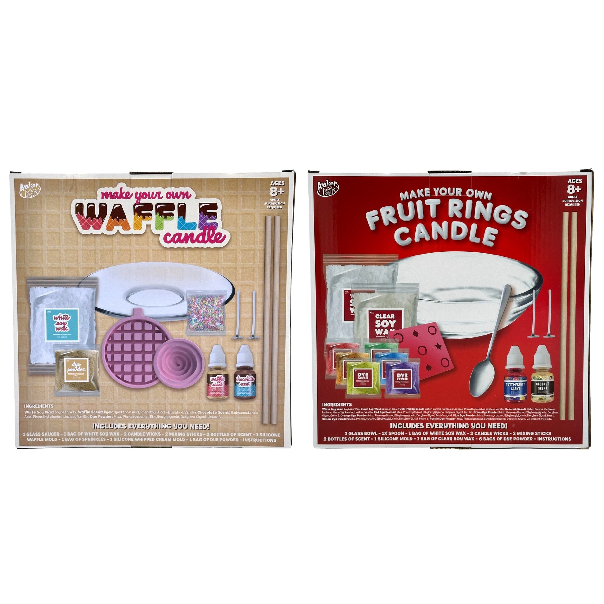 Two candle making kits. One waffle candle kit and one fruit rings candle kit.