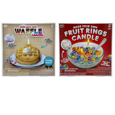Two toy candle-making kits, one waffle candle and one fruit ring candle.