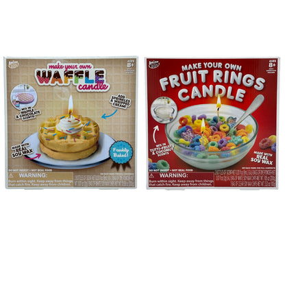 Two toy candle-making kits, one waffle candle and one fruit ring candle.