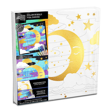 Canvas painting kit with gold moon and stars design.