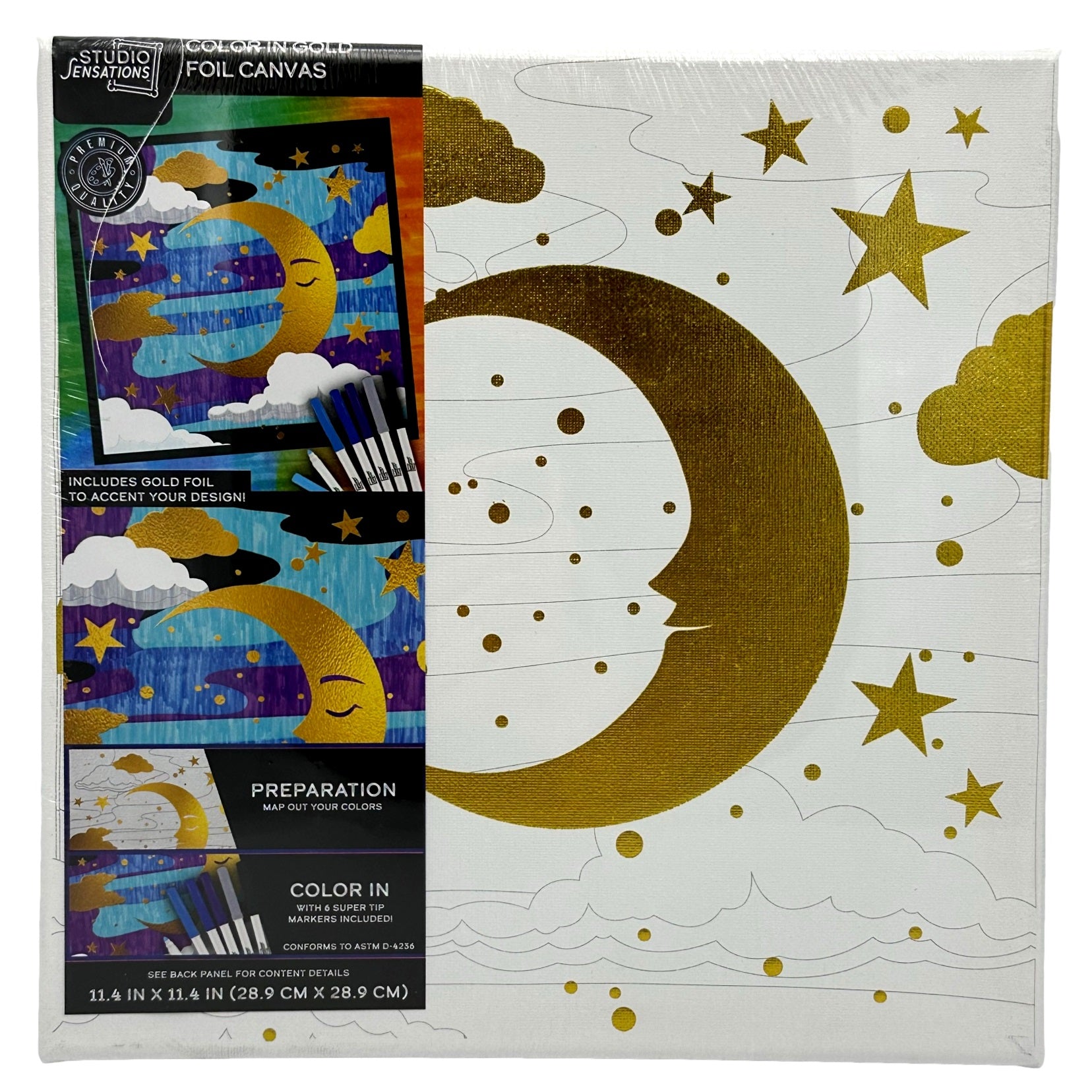 Color-in-gold foil canvas kit with a moon and stars design, includes markers.