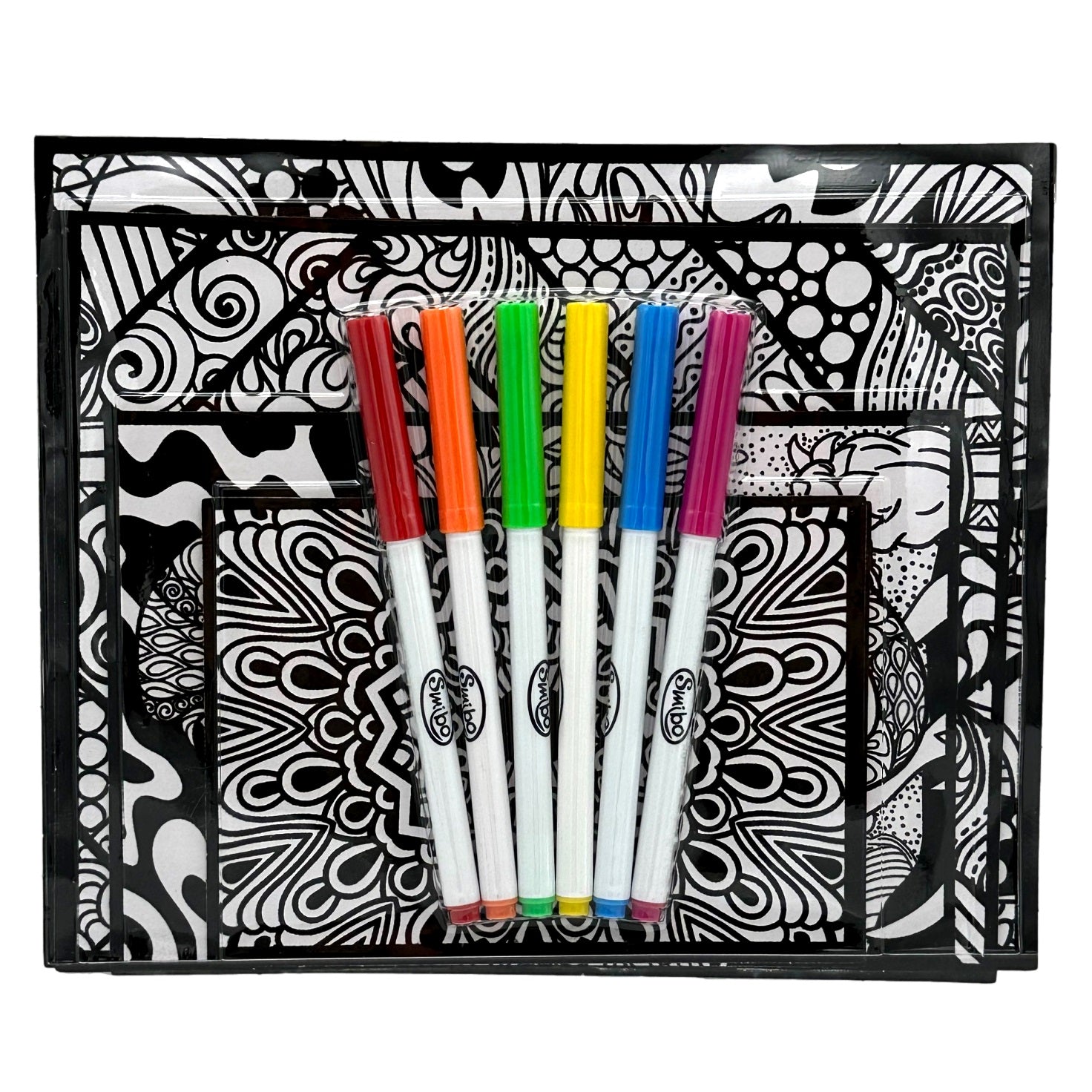 Black and white coloring book with six colorful markers on top.
