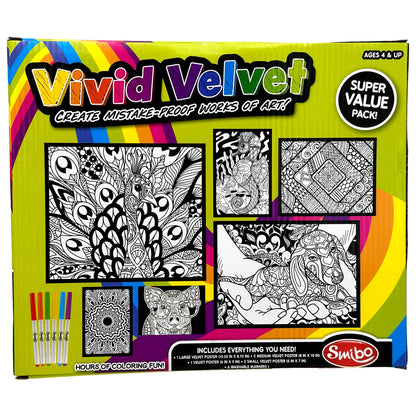 Box of "Vivid Velvet" coloring kit with velvet posters and washable markers.