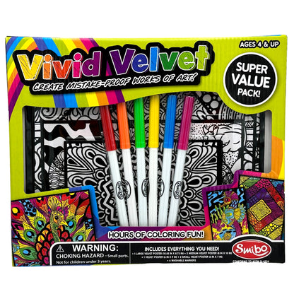 Packaging for a "Vivid Velvet" coloring kit, including velvet posters, markers, and age appropriateness for ages 4 and up.