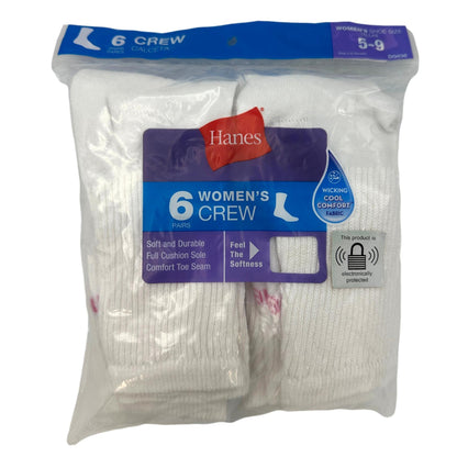 6 PK LADIES WHITE CREW SOCKS SIZE: 5-9