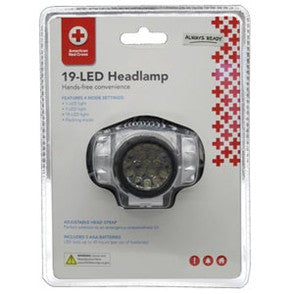 Here are some descriptive alt tags for the image, focusing on visual details:

*  American Red Cross 19-LED headlamp in packaging.
*  New packaged LED headlamp with adjustable strap.
*  Headlamp with 19 LEDs, clear plastic casing.
*  Close-up of a headlamp.
*  American Red Cross headlamp, clear packaging.
