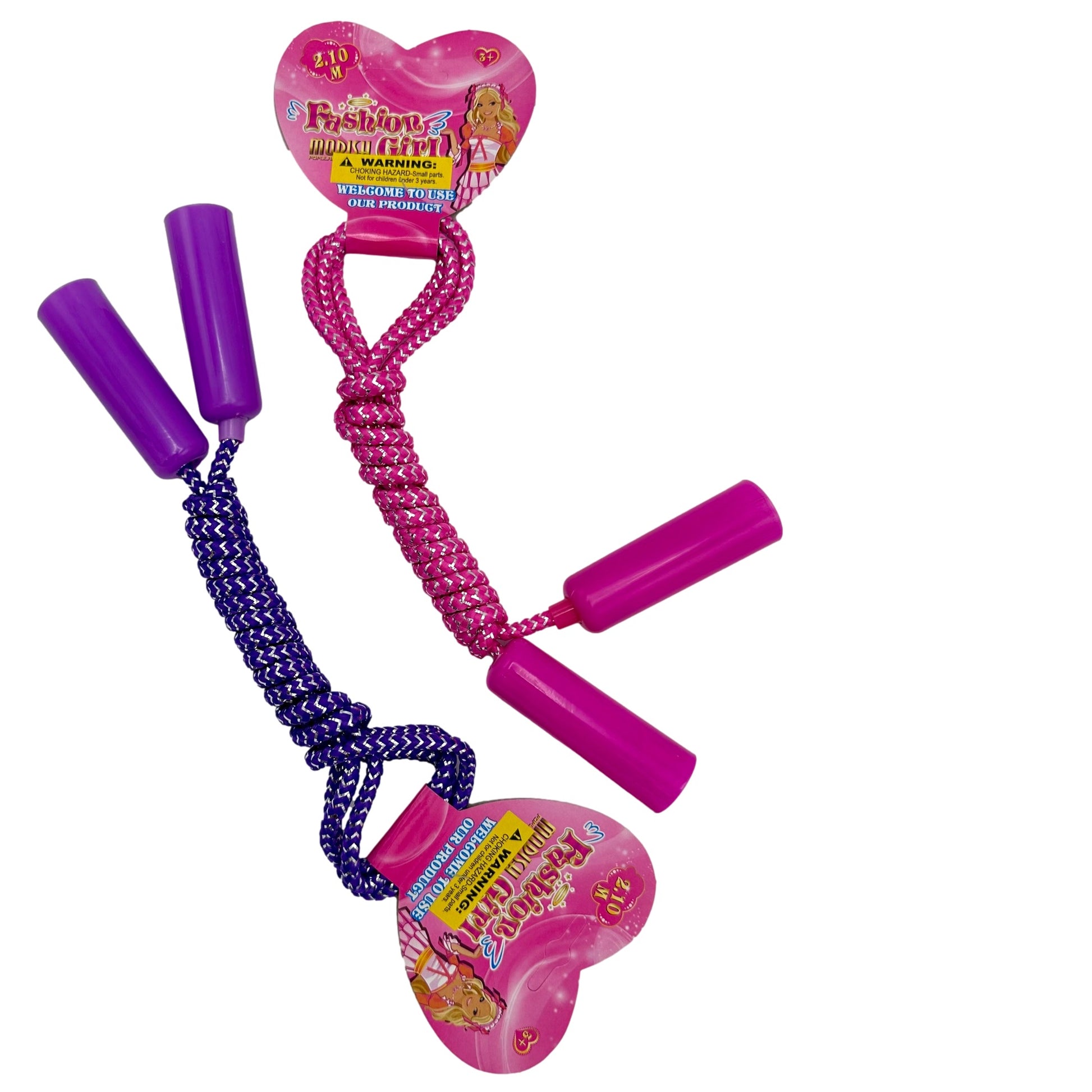 Two children's jump ropes with purple handles.