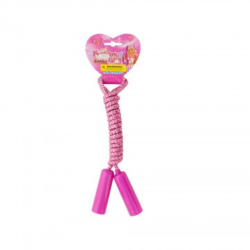 Here are some possible alt tags for the image:

**Short and descriptive:**

*   Pink jump rope with packaging.

**More detailed:**

*   Pink toy jump rope with pink handles.
*   Heart-shaped packaging for a pink child's jump rope.
*   Close-up of a pink jump rope with plastic handles.

I have tried to be descriptive and concise with each of these options. I hope this helps!