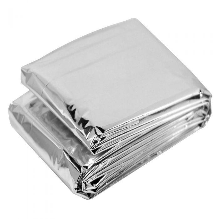Stacked silver emergency blankets.