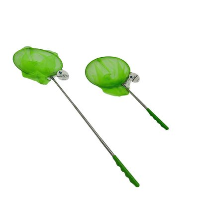 Two green telescopic butterfly nets with silver poles.