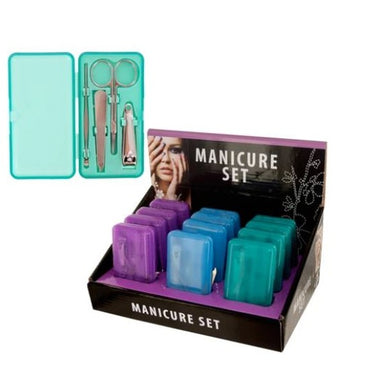 A display box containing manicure kits with tools in individual translucent colored cases.