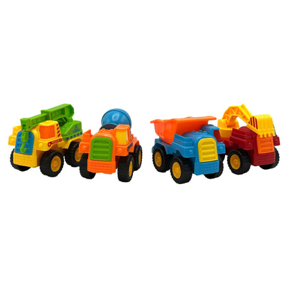 Four colorful plastic toy construction trucks.

