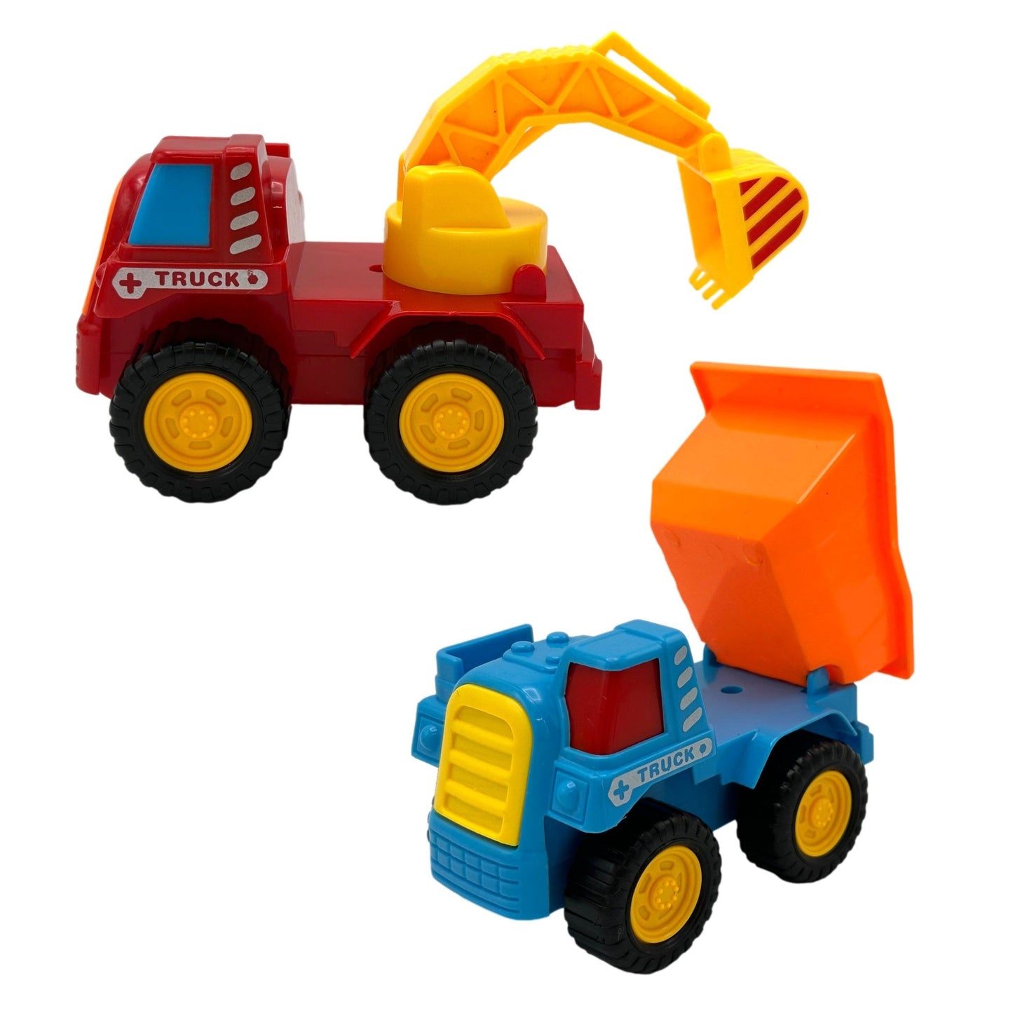 Two toy construction trucks, a red excavator and a blue dump truck.