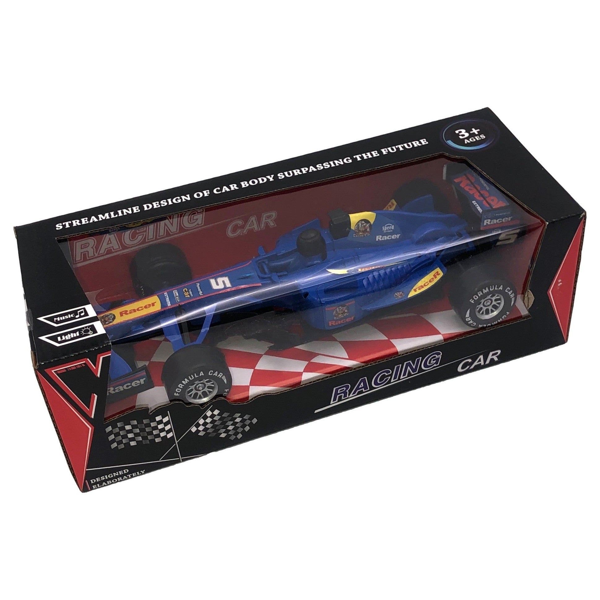 Boxed toy racing car.