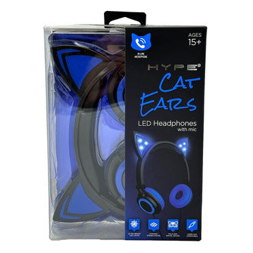 Packaged blue cat ear headphones with LED lights.