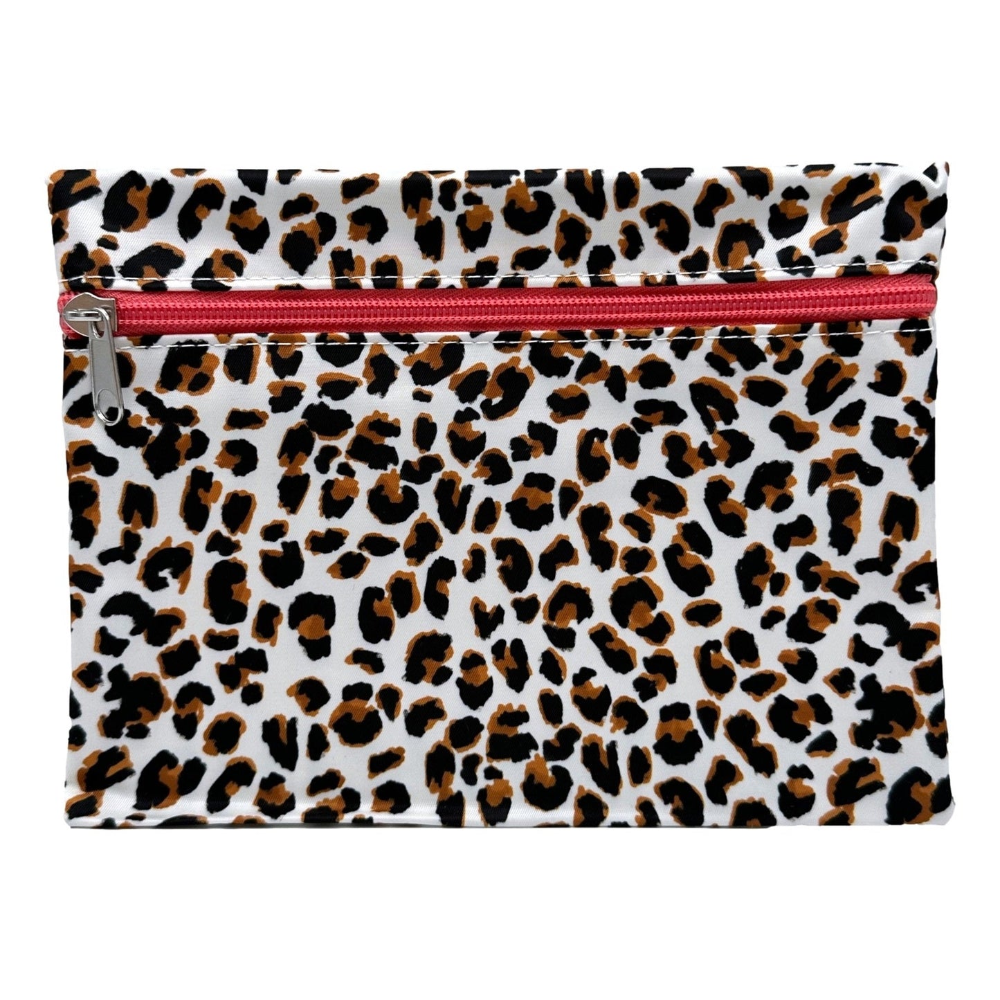 Leopard print pouch with a pink zipper.