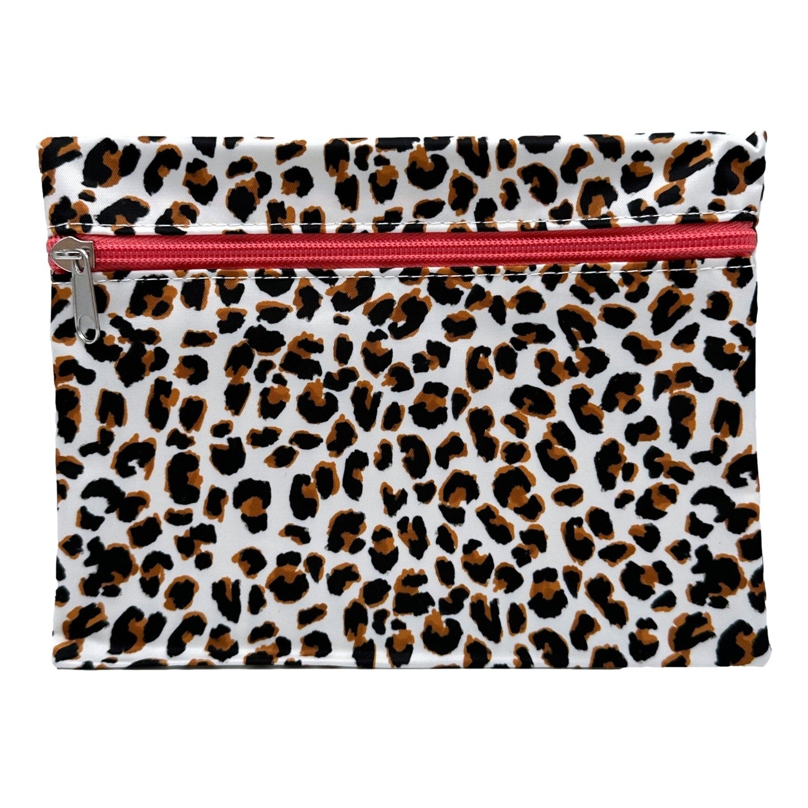 Leopard print pouch with a pink zipper.