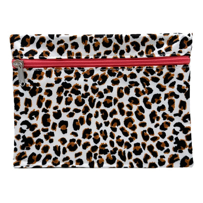 Leopard print pouch with a pink zipper.
