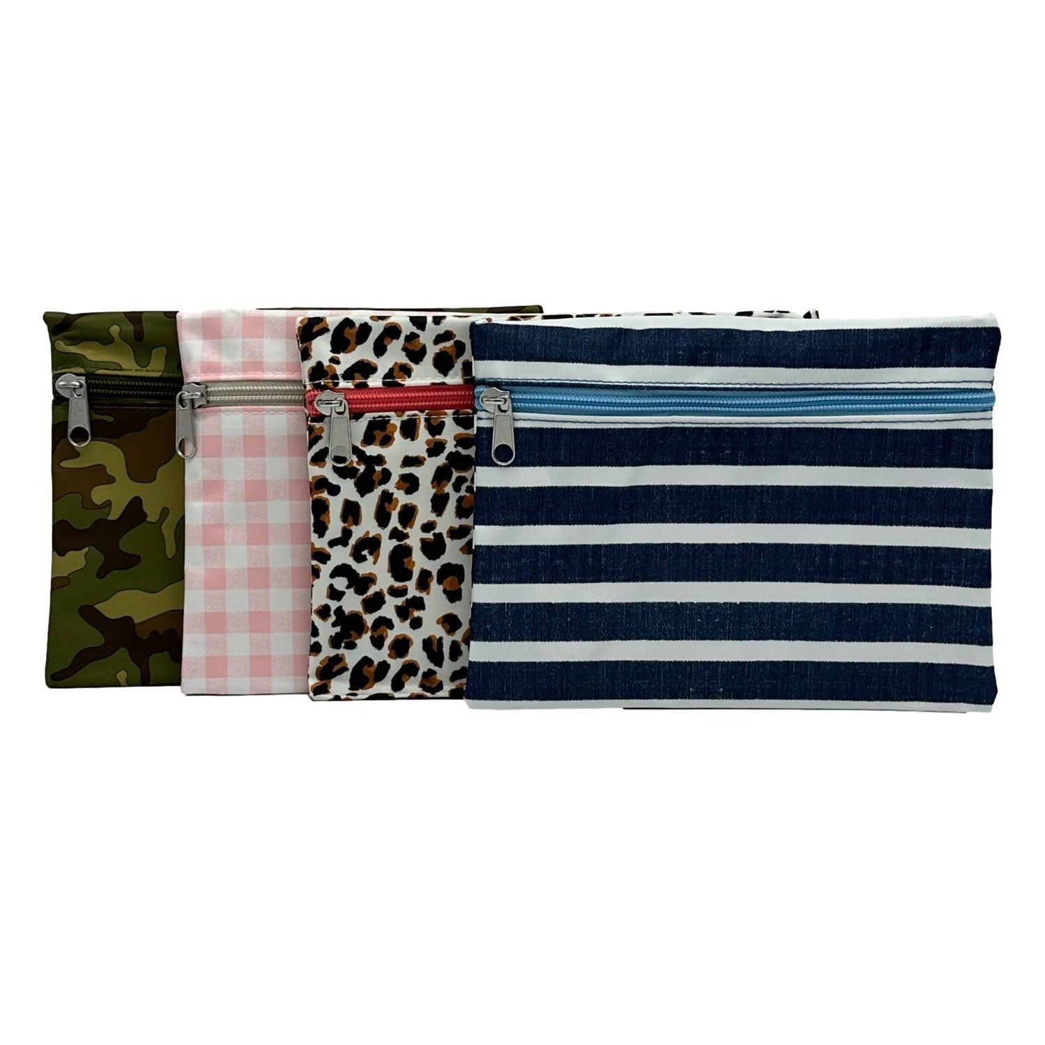 Four zippered pouches in camouflage, pink gingham, cheetah print, and blue and white stripes.