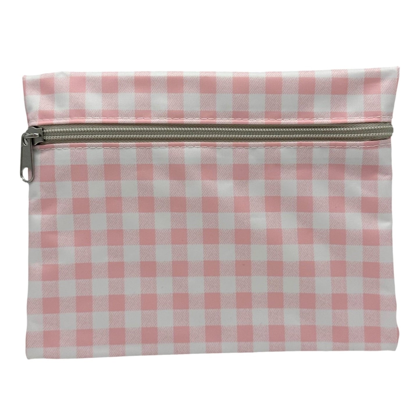 Pink and white checkered zipper bag.
