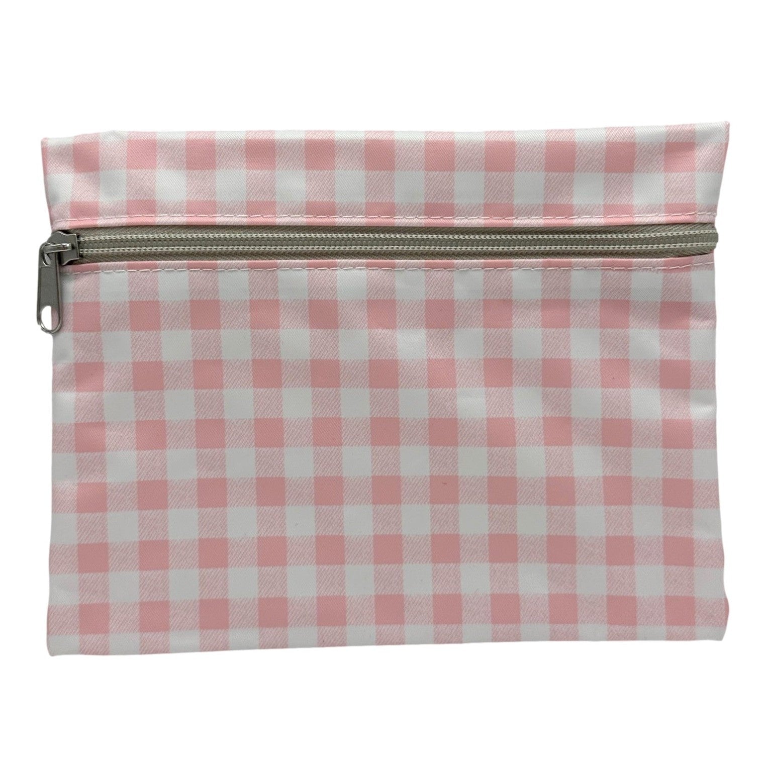 Pink and white checkered zipper bag.

