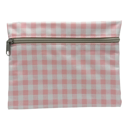 Pink and white checkered zipper bag.
