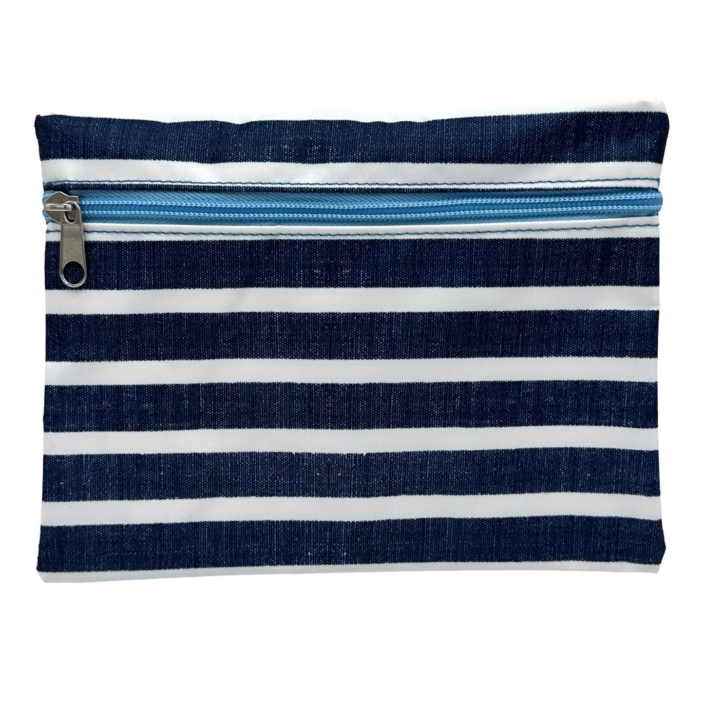 Striped blue and white fabric pouch with blue zipper.
