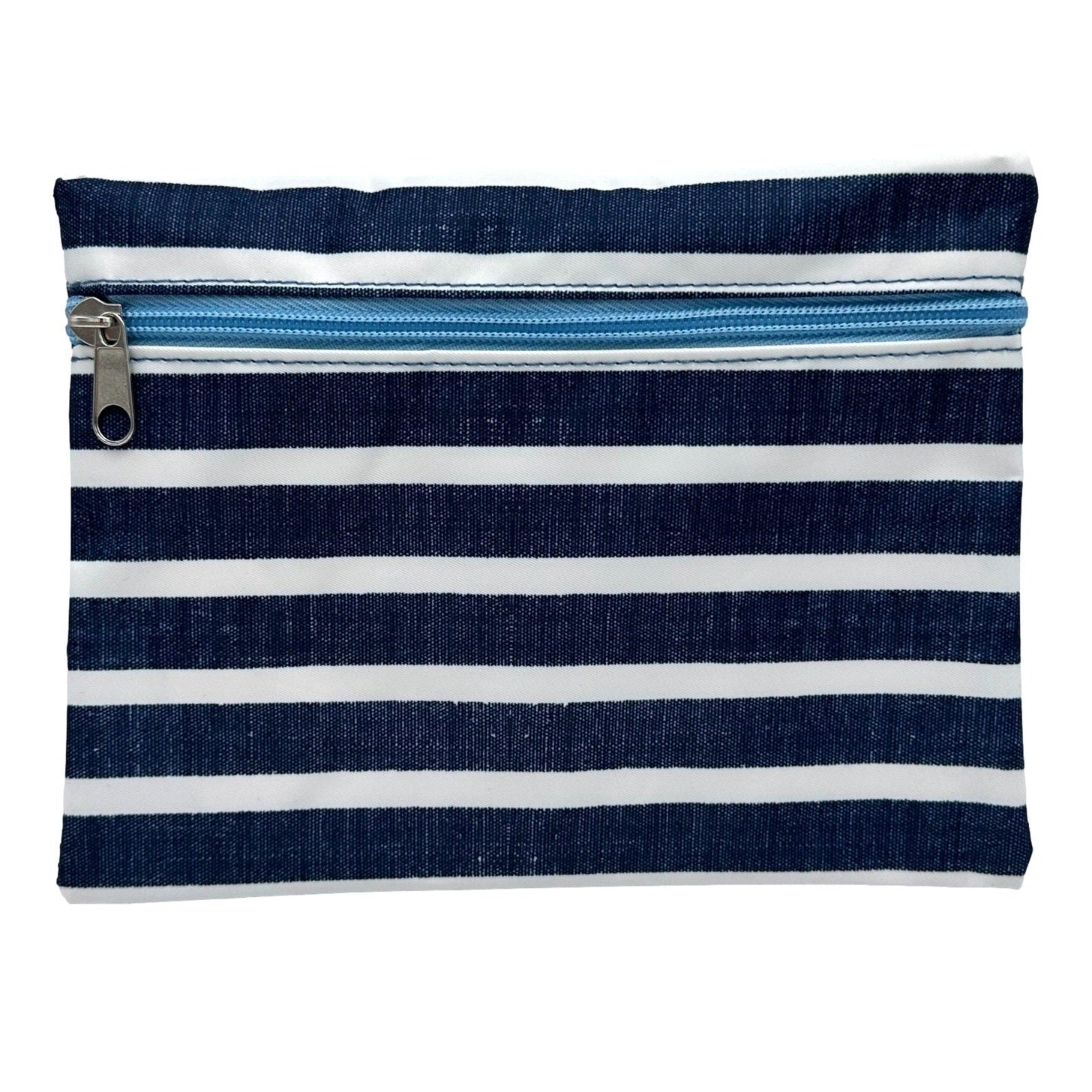 Striped blue and white fabric pouch with blue zipper.
