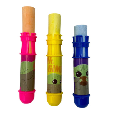Three Grogu-themed chalk holders with chalk.