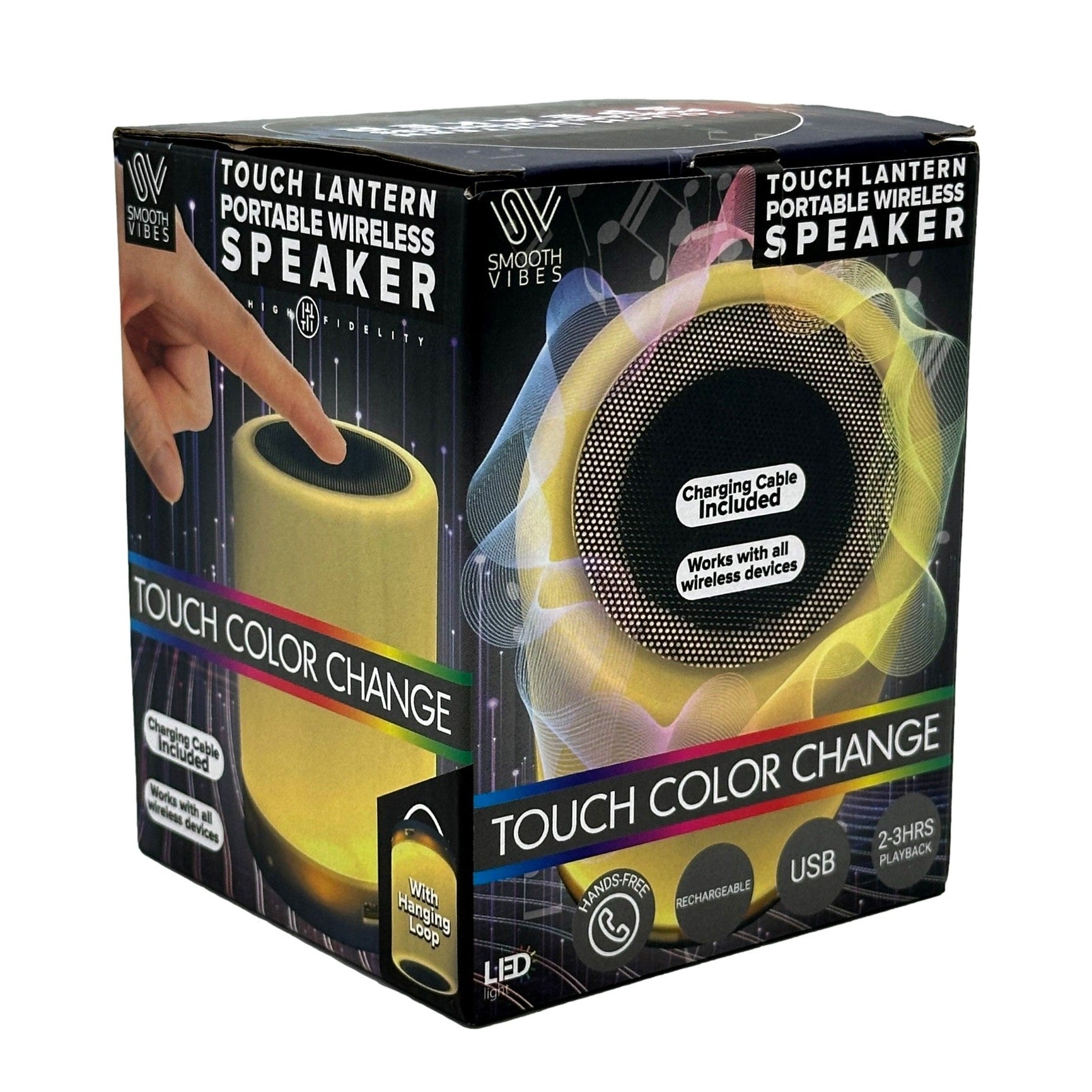 Product box for a "Smooth Vibes" touch lantern portable wireless speaker, featuring text, images of the product, and details like "touch color change," "charging cable included," "works with all wireless devices," and "with hanging loop."