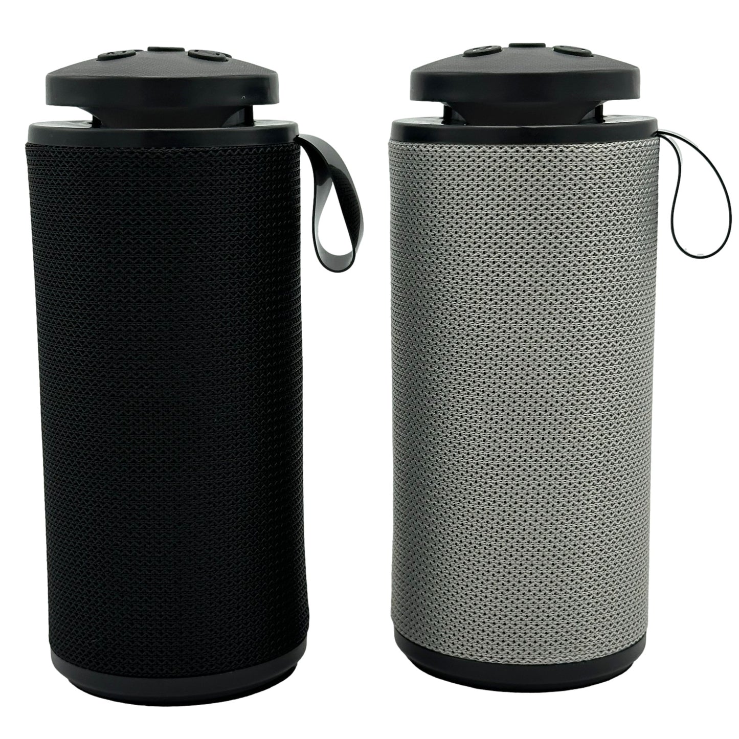 Two cylindrical bluetooth speakers, one black and one gray, with black tops and carry handles.