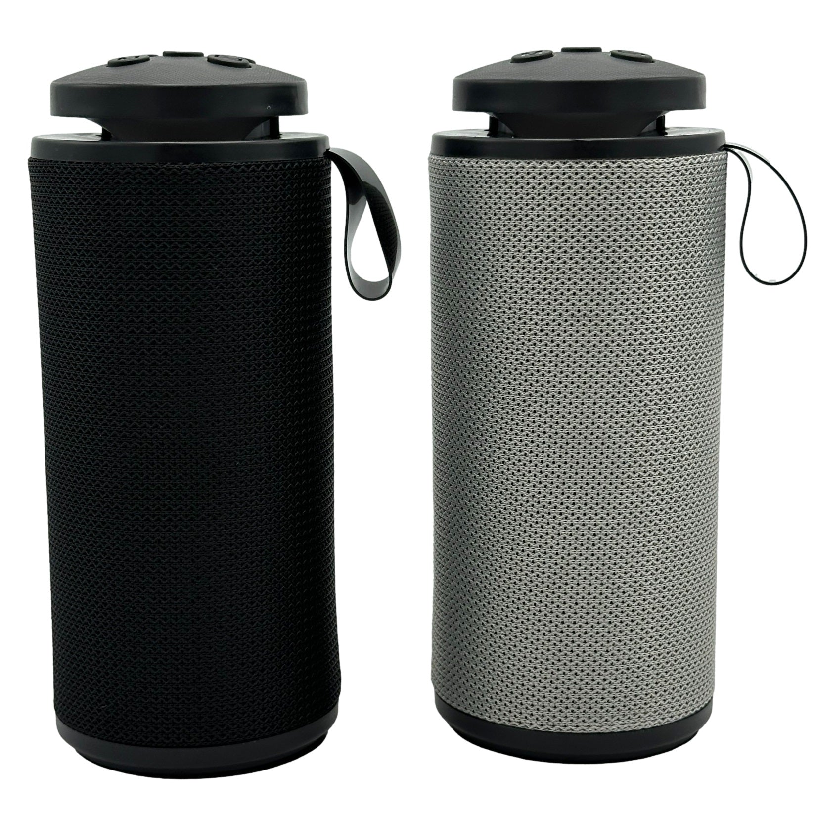 Two cylindrical bluetooth speakers, one black and one gray, with black tops and carry handles.