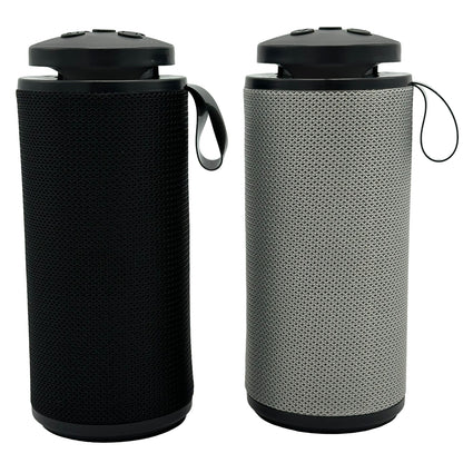 Two cylindrical bluetooth speakers, one black and one gray, with black tops and carry handles.