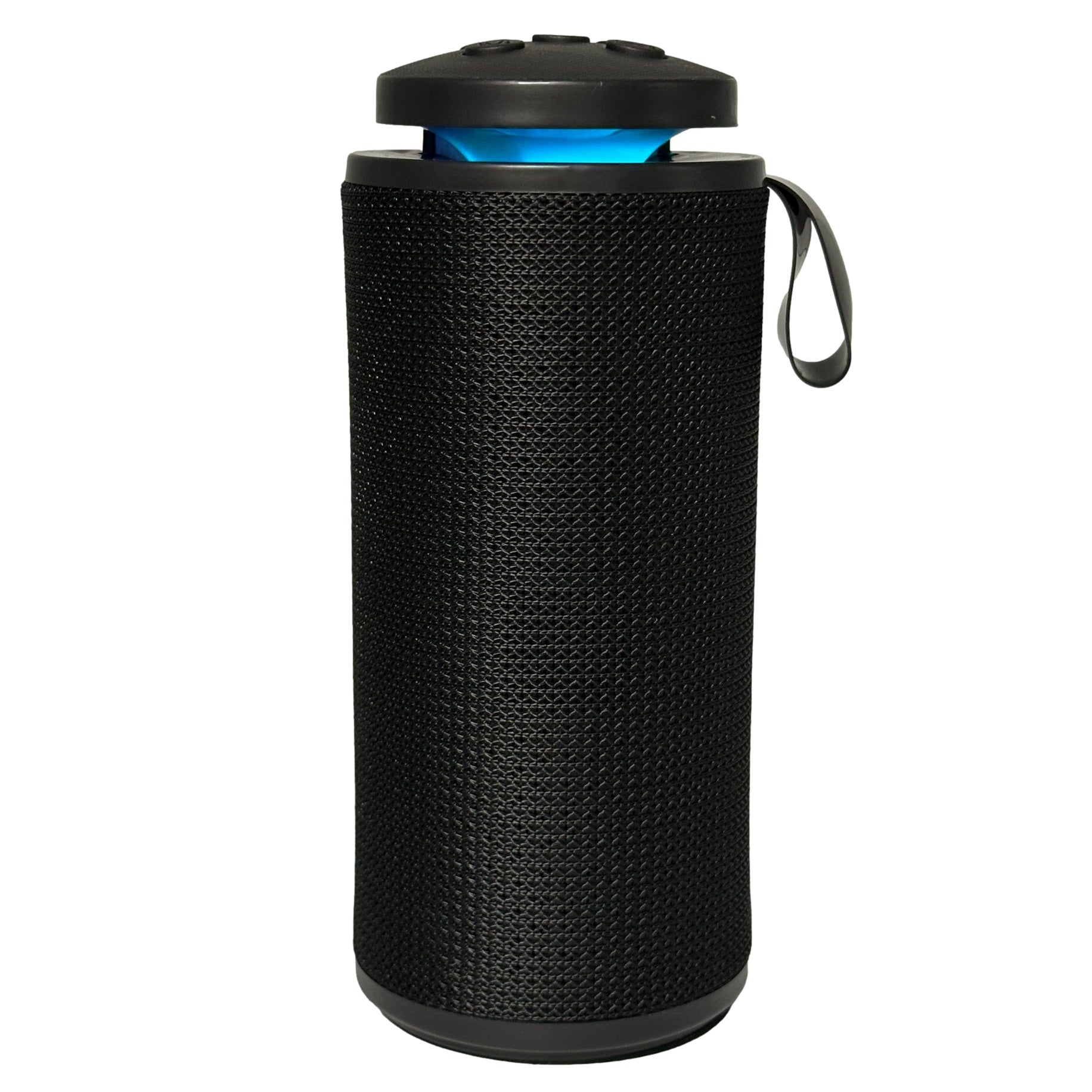 Black portable speaker with blue accent.