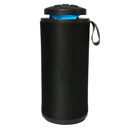 Black portable speaker with blue accent.