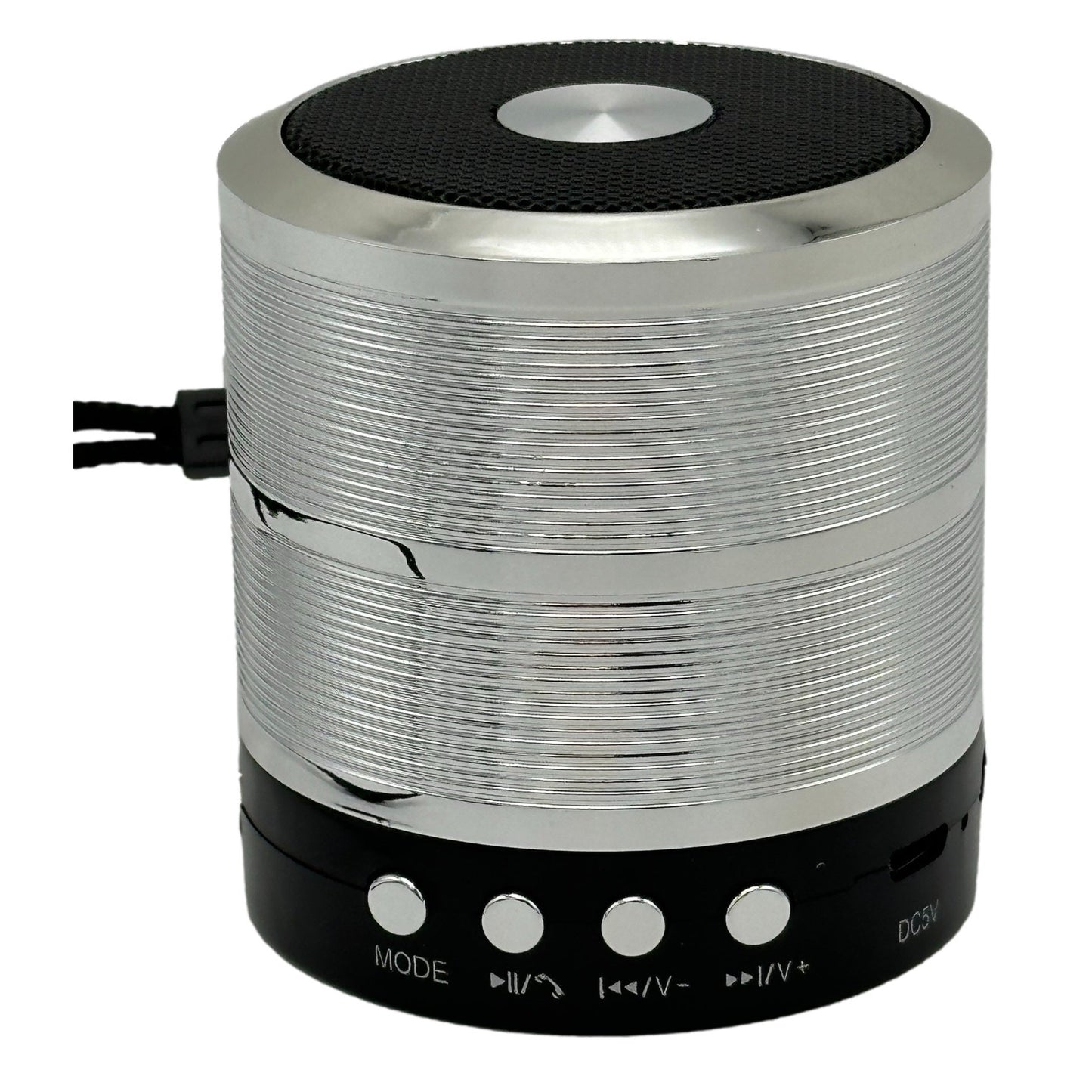 Silver and black portable speaker with button controls.
