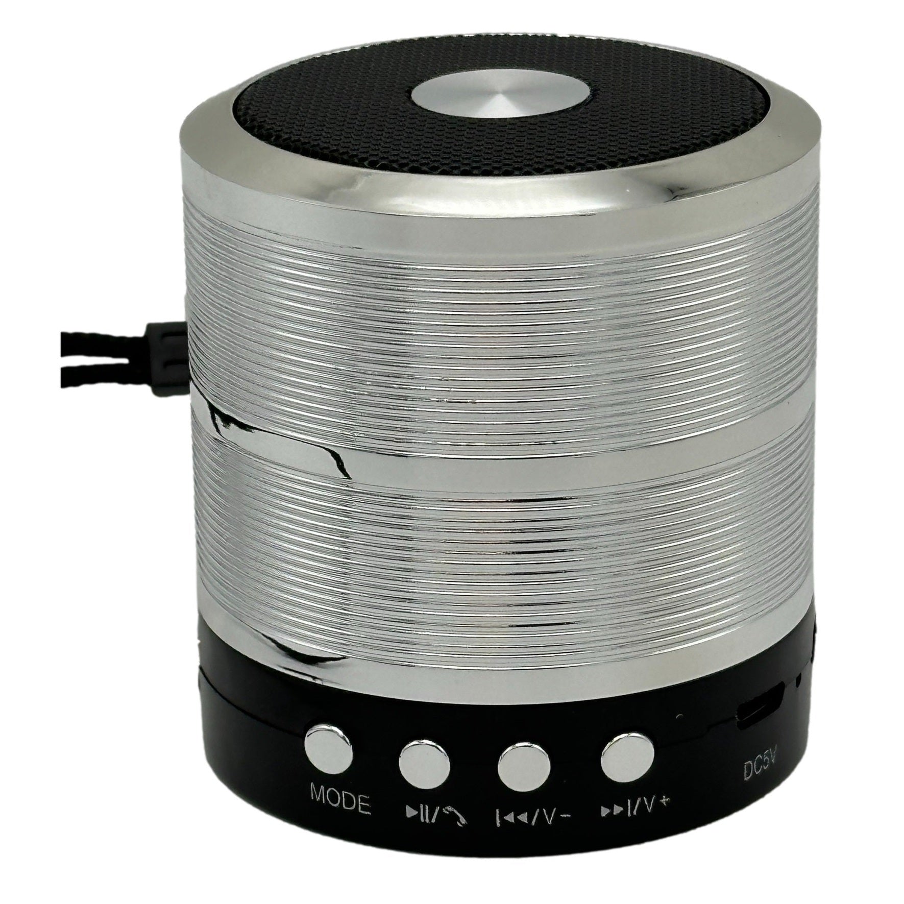 Silver and black portable speaker with button controls.
