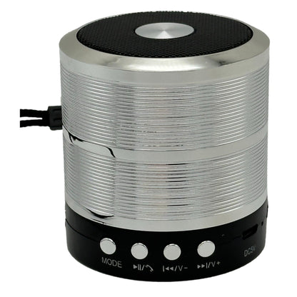 Silver and black portable speaker with button controls.
