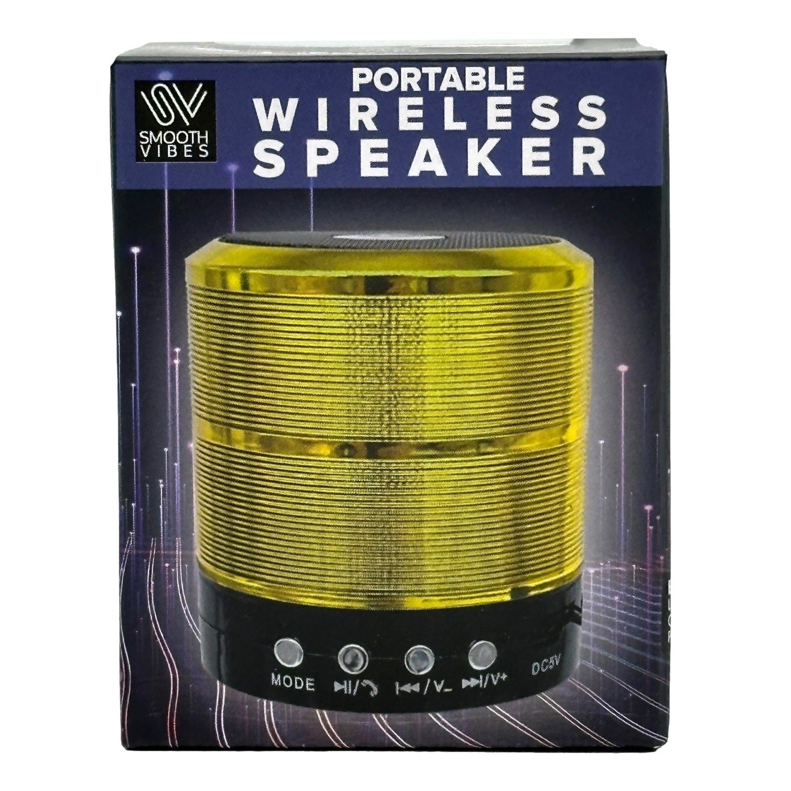 Boxed gold portable wireless speaker.