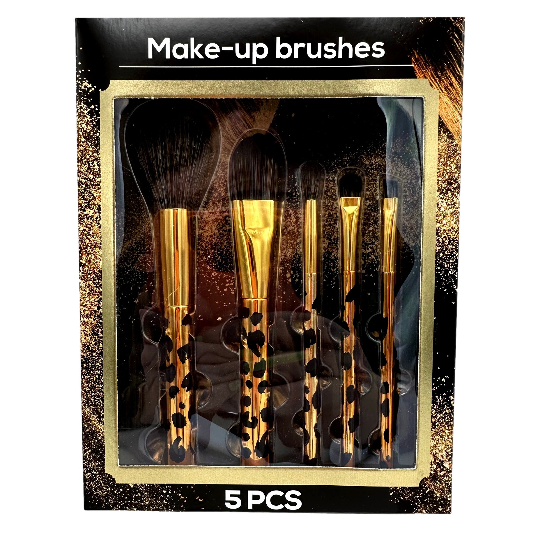 A package of five makeup brushes with gold and leopard print handles.