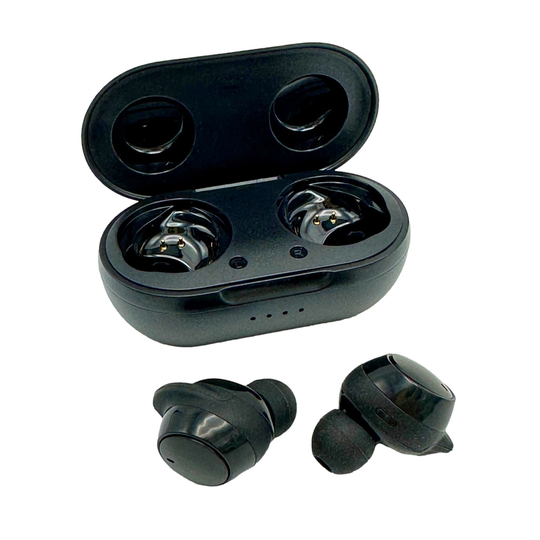 Black earbuds and charging case.