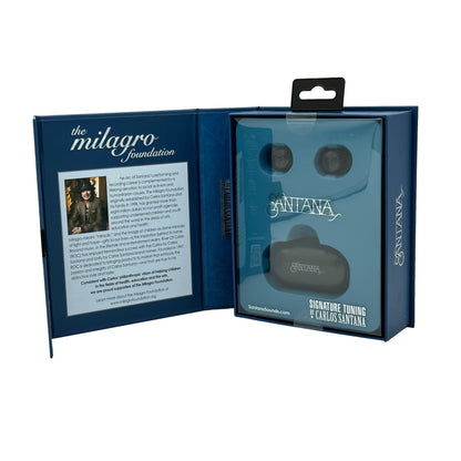 Product packaging featuring Santana wireless earbuds alongside information on the Milagro Foundation.