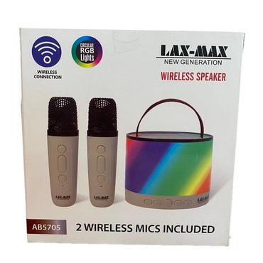 Boxed "LAX-MAX" wireless speaker set with microphones and color-changing lights.
